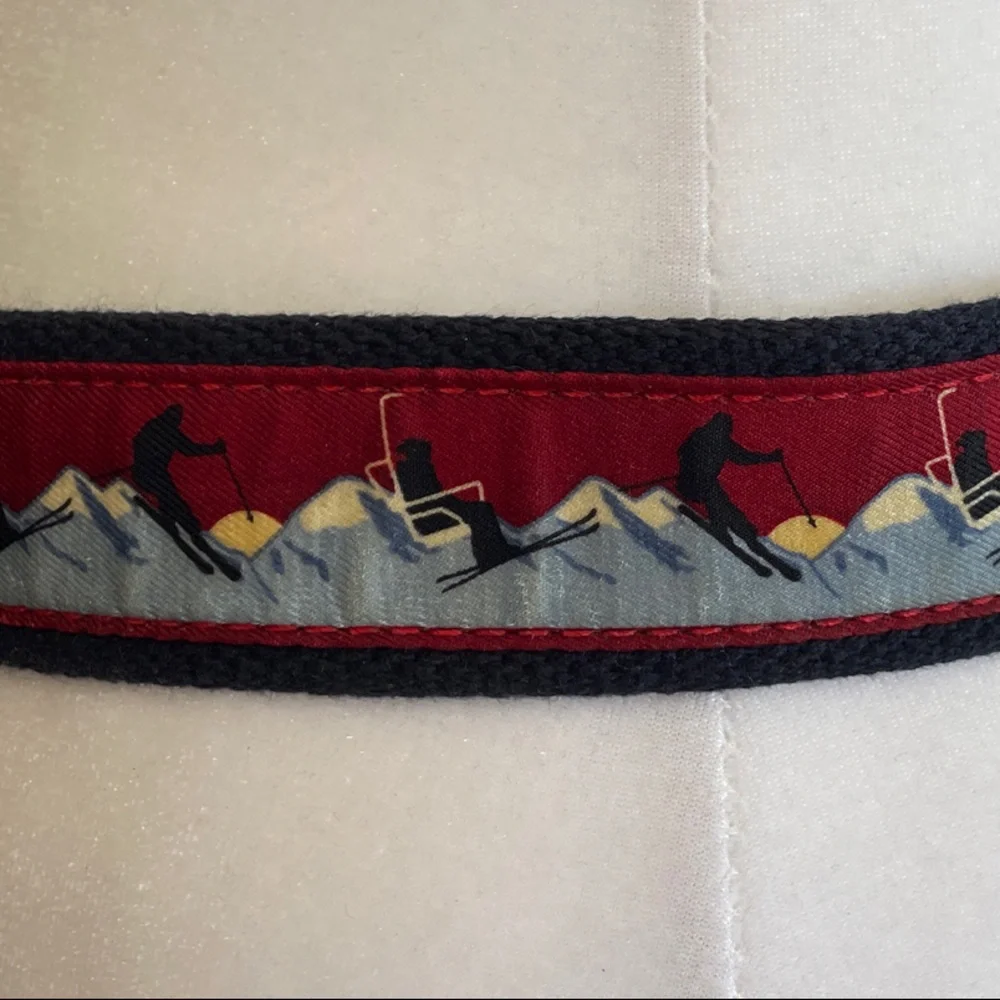 VINEYARD VINES Men's Ski Print Blue Brown Leather Canvas Belt Gold Buckle 30